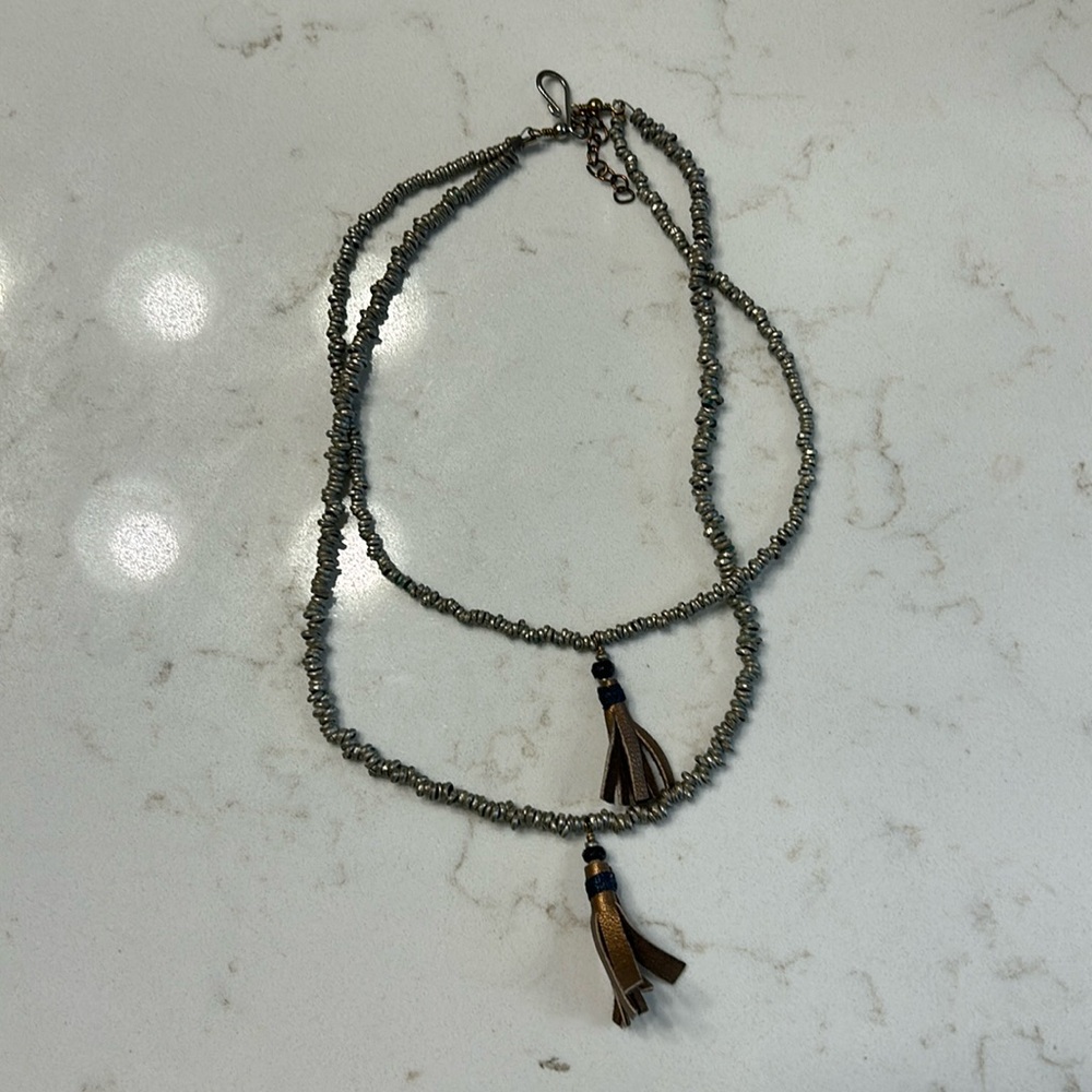 Brass-color beaded necklace, 16”